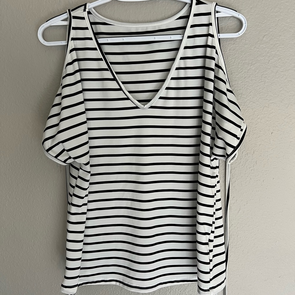 Striped Black and White Women's Cold Shoulder top from SHEIN
